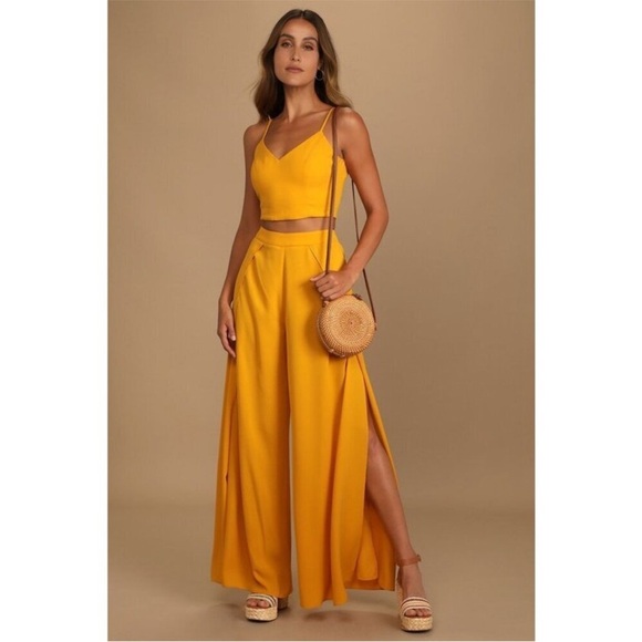 Lulus Pants - NWT Lulus Out Tonight Mustard Yellow Wide Leg Two Piece Set Size XXL